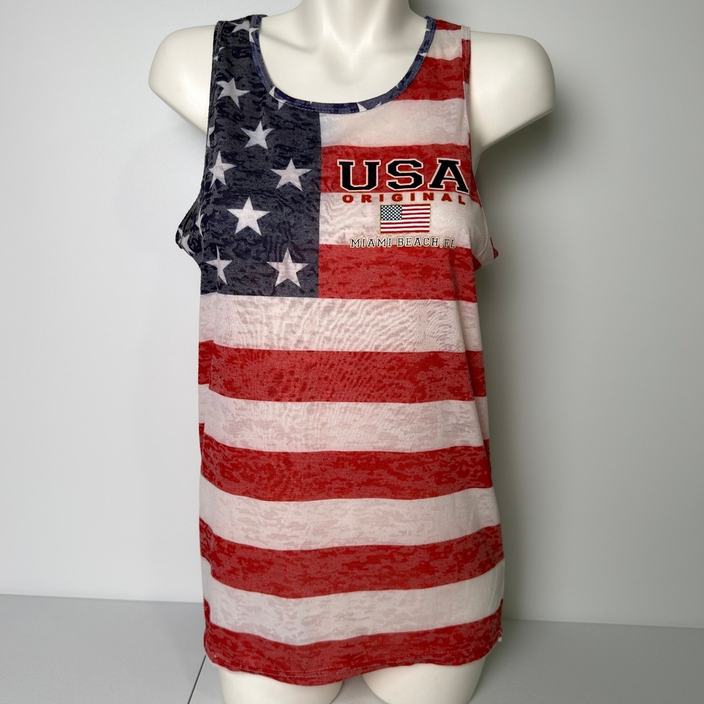 U.S. Vintage USA Original Miami Beach FL American Flag Burnout Tank Top Medium